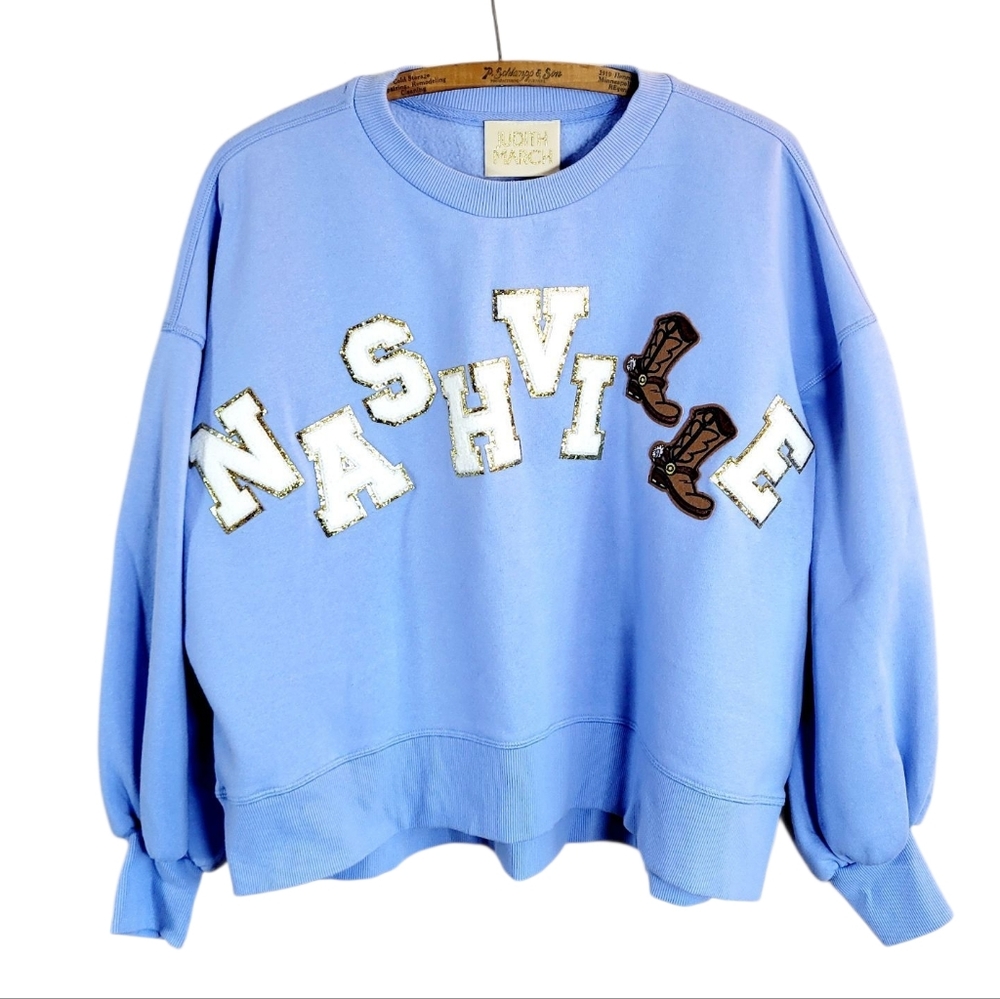 JUDITH MARCH Nashville TN Glitter Patch Cropped Balloon Sleeve Sweatshirt Small - Picture 2 of 9
